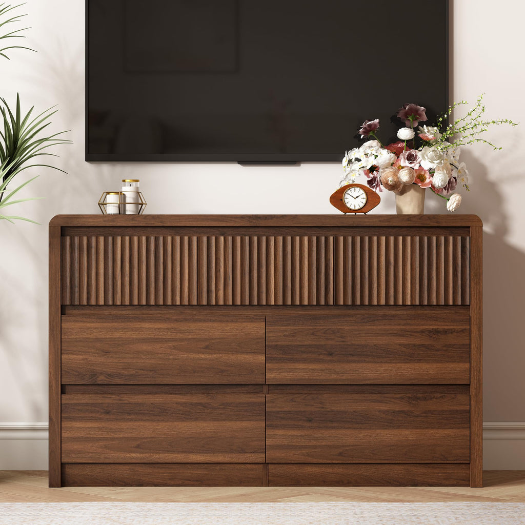 Walnut Fluted 7 Drawer Dresser, Curved Edge, 50" Wide