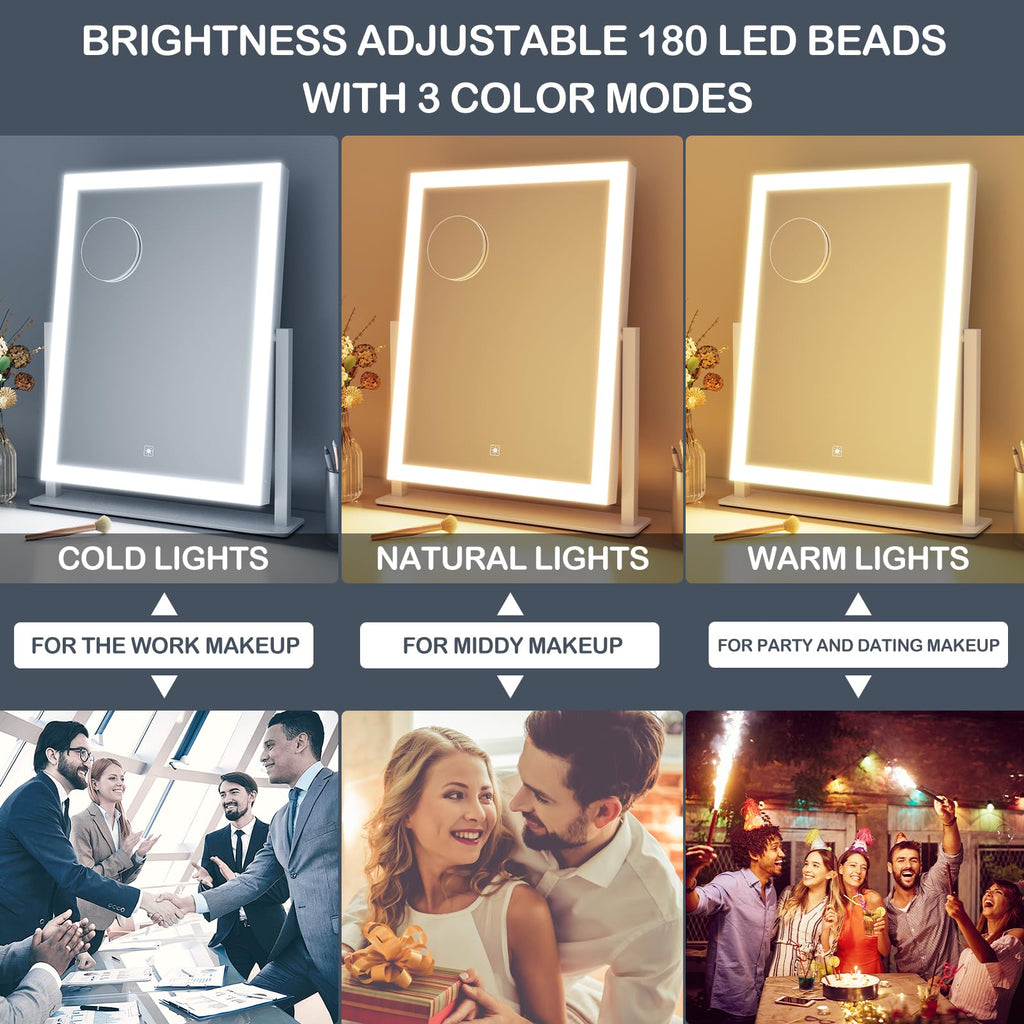 Lighted Makeup Mirror, Hollywood Vanity Mirror with Lights, Three Color Modes,Detachable 10X Magnification Mirror