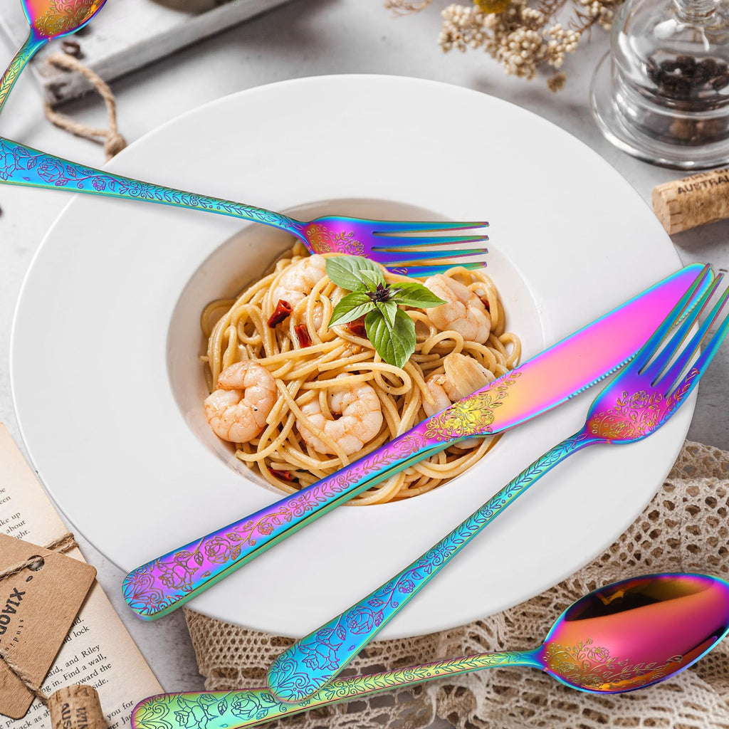 Embossed Flatware Set Rainbow 30 Piece Stainless Steel Silverware for 6 Cutlery with Floral Design Eating Utensils