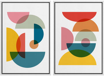 Framed Wall Art Print Set Mid-Century Style Multicolor Semi-Circle Variety Abstract Shapes Illustrations Modern
