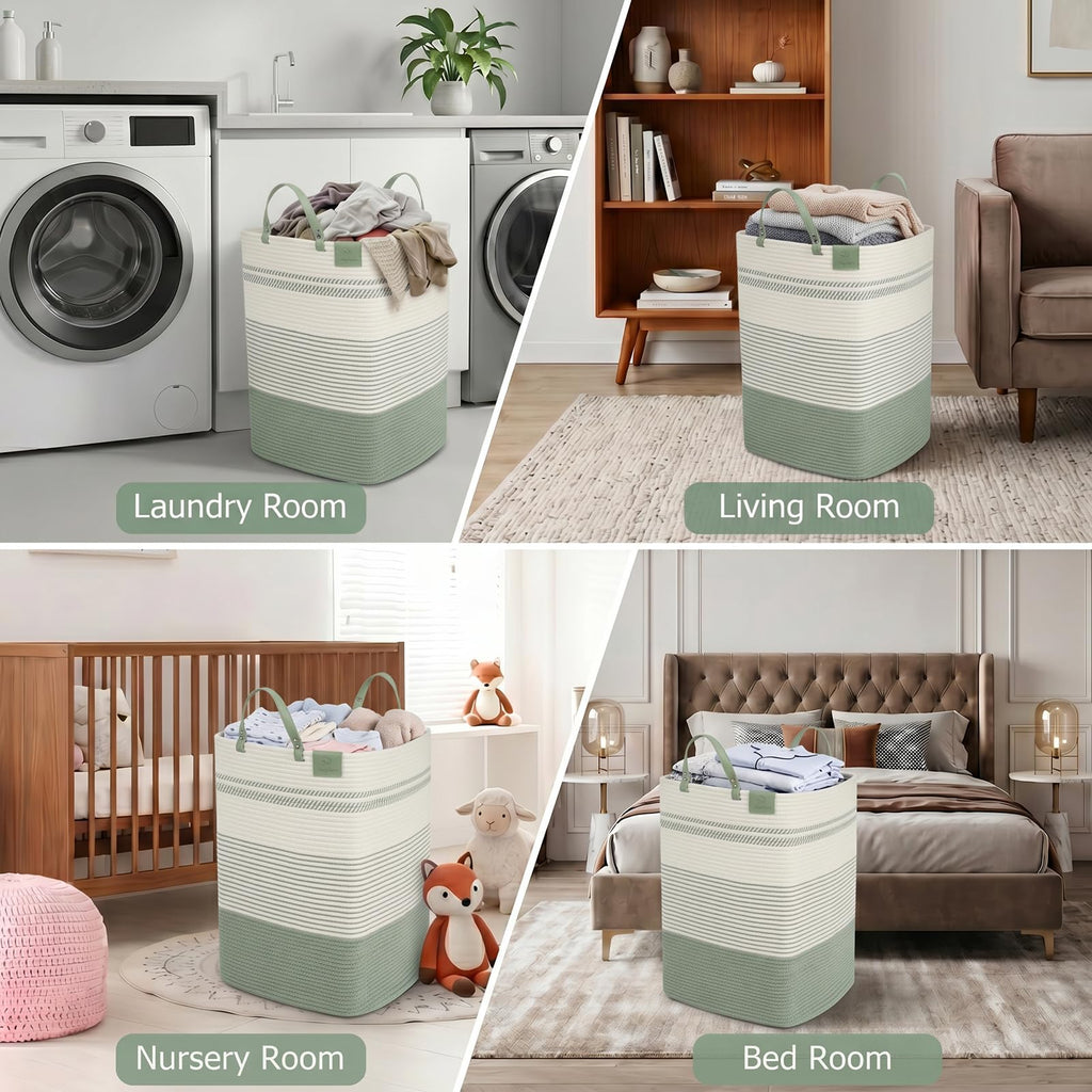 100L Nursery Hamper, Tall Woven Laundry Basket with Long Leather Handles, Boho Laundry Hamper , Eco-friendly &