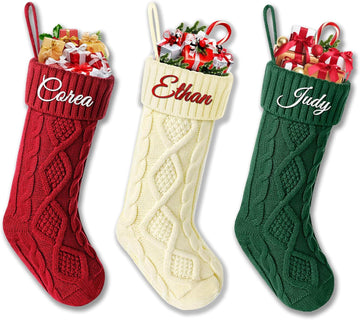 Christmas Stockings with Names, 18" Large Knitted Xmas Stocking for Family Kids, Fireplace Hanging Holiday - Set of 3