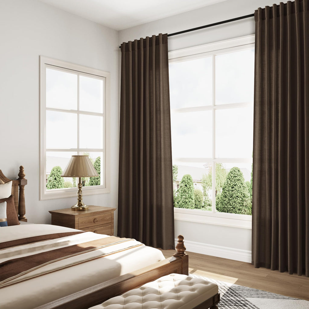 Chocolate Linen Blend Light Filtering Back Tab Curtains 96 Inches Long, Semi Sheer Privacy Drapes, 52x96 inch, 2