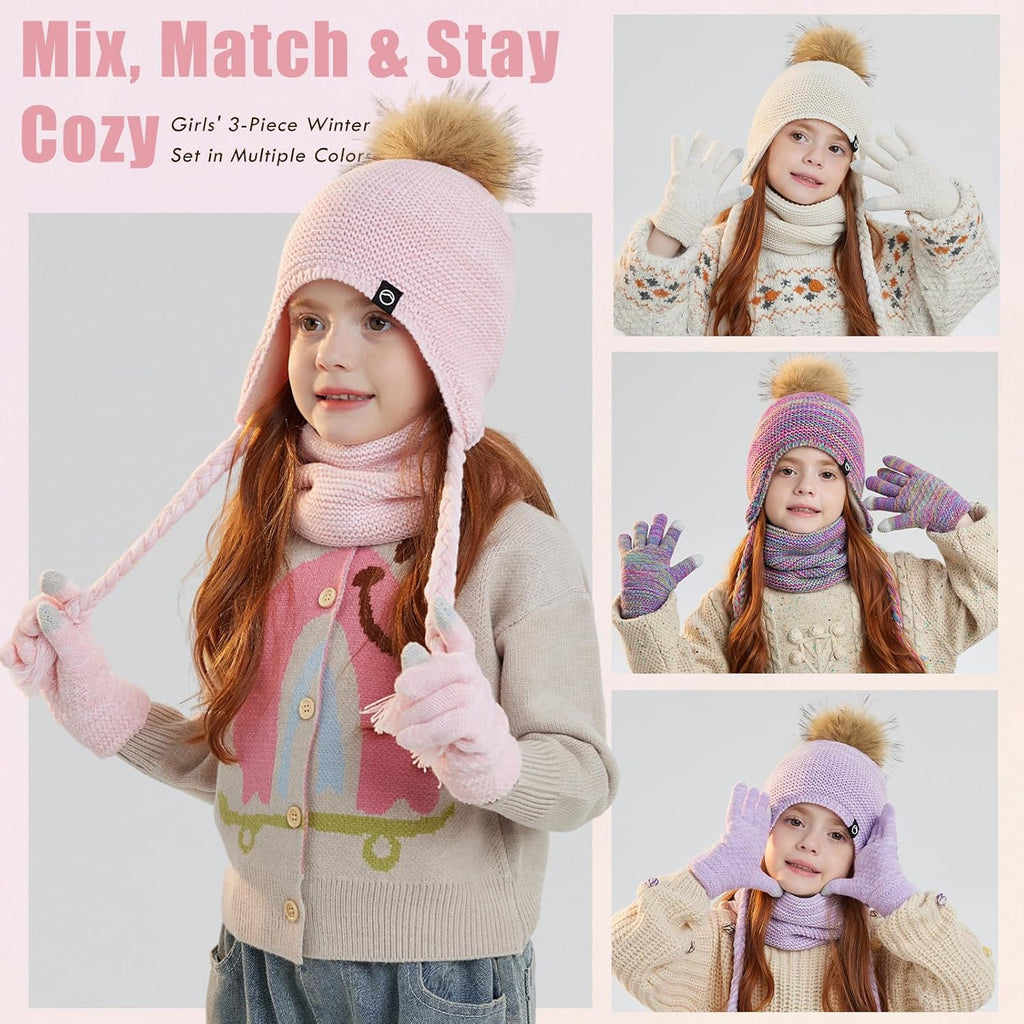 Kids Winter Hat Gloves Scarf Set Warm Earflaps Soft Fleece Lined