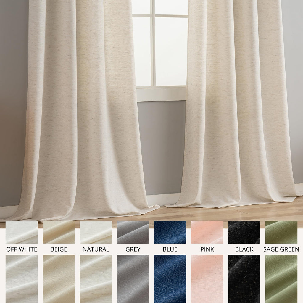 Natural Linen Curtains 84 Inch Length 2 Panels, Semi Sheer Linen Drapes Black Grommets Basketweave Slub Texture