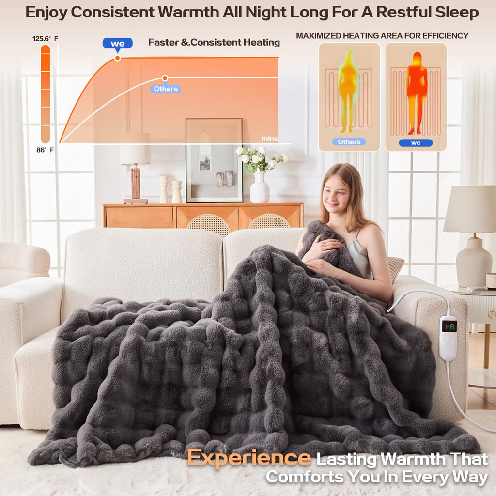 Heated Blanket Electric Faux Rabbit Fur Bubble Heating Blanket Throw Blanket 50"x60", 10 Heat Settings, 8 Hour Auto