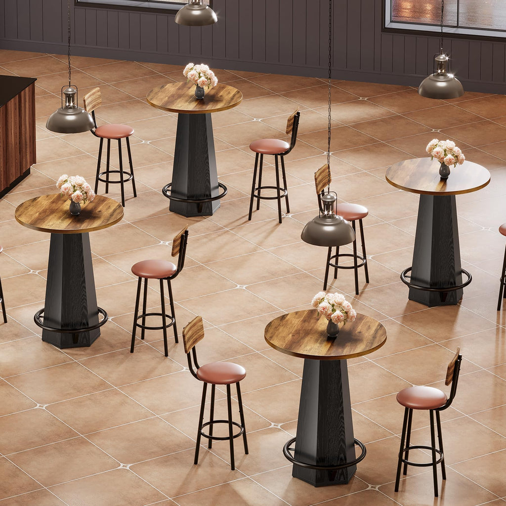 Round Bar Table Set of 2, 39.4" H Bistro Cocktail Table with Metal Footrest for Drinking & Gathering, Industrial Home