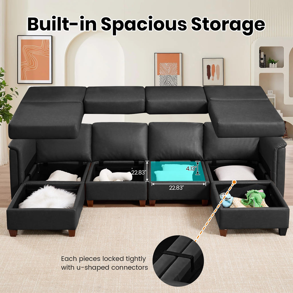 166" Modern Sectional Sofa, Faux Leather Modular Sectional Couchs with Storage Waterproof Convertible U/L Shaped Wide