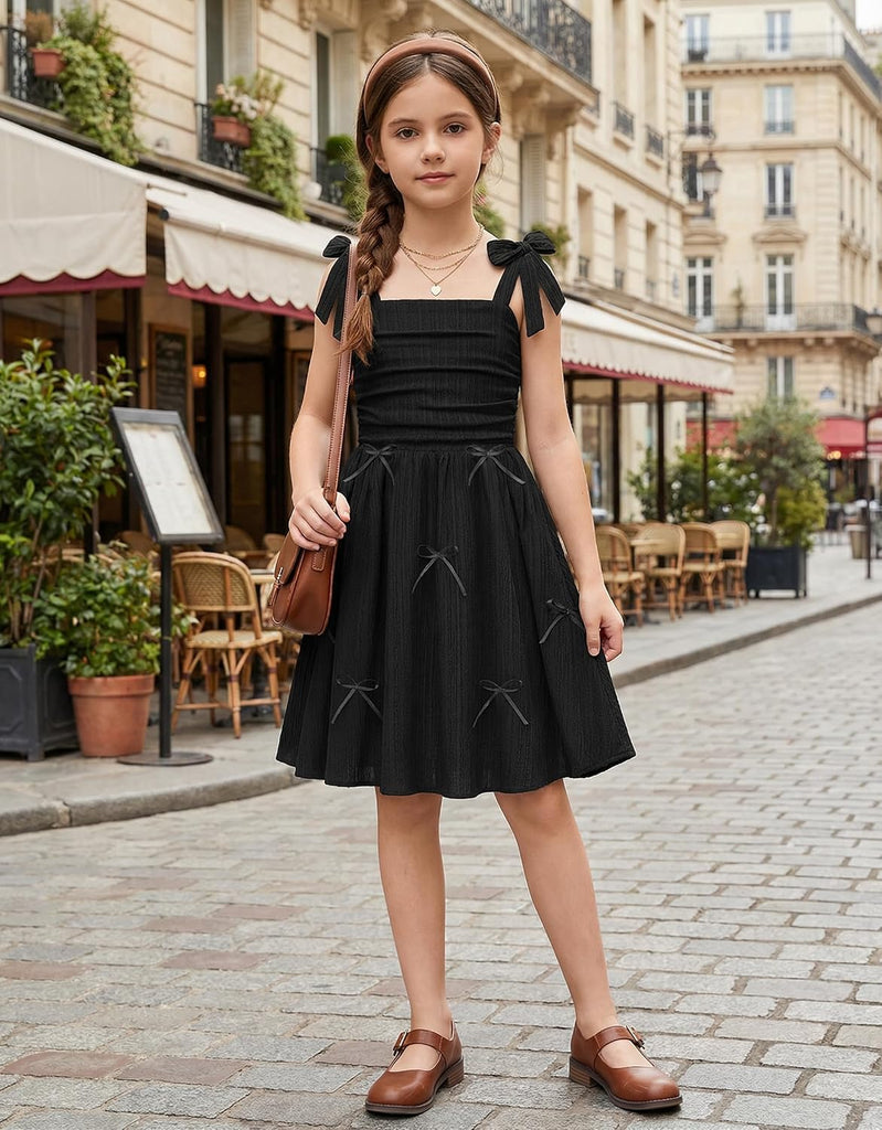 Girls Dresses Ruched Smocked Back Spaghetti Strap Bow Sundress