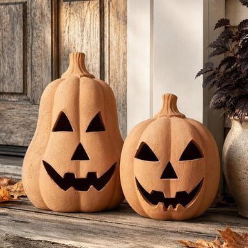 Halloween Decorations Handmade Terracotta Jack O' Lanterns - Set of 2