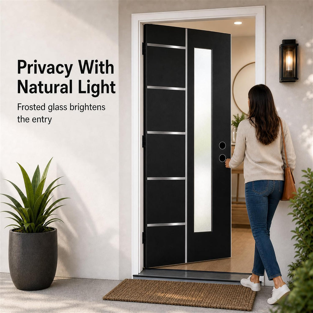 36 x 80 Textured Finished Fiberglass Door with Brickmould, Double-Sided Frosted Glass Modern Style for Home's Front