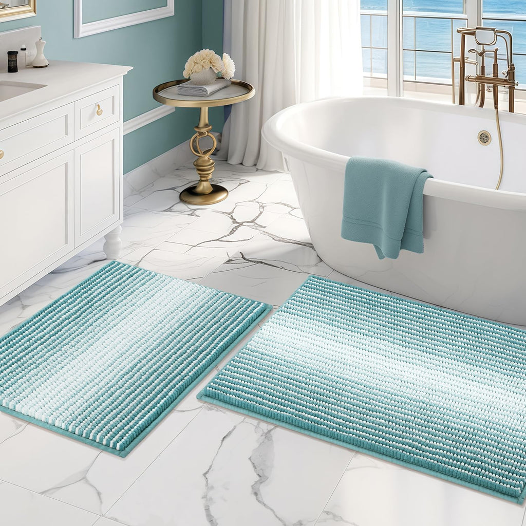 Bathroom Rugs and Mats Sets, 2 Piece Thick Absorbent Chenille Bath Mat Rug Set Non Slip, Soft Shaggy Bath Room Floor