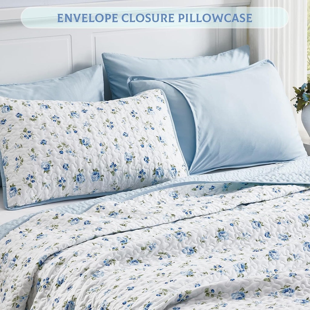 Oversized King Quilt Set 128x120 Blue Floral Extra Wide Super King Quilted Bedspread Coverlet 3-Piece Garden Style