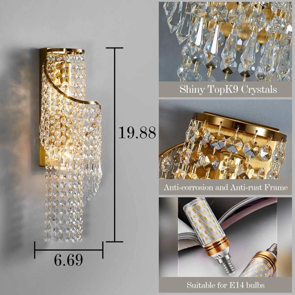K9 Crystal Wall Sconces Gold - Luxury Indoor Wall Light Fixtures, Crystal Vanity Wall Mount Lamps, Bedside, Hallway