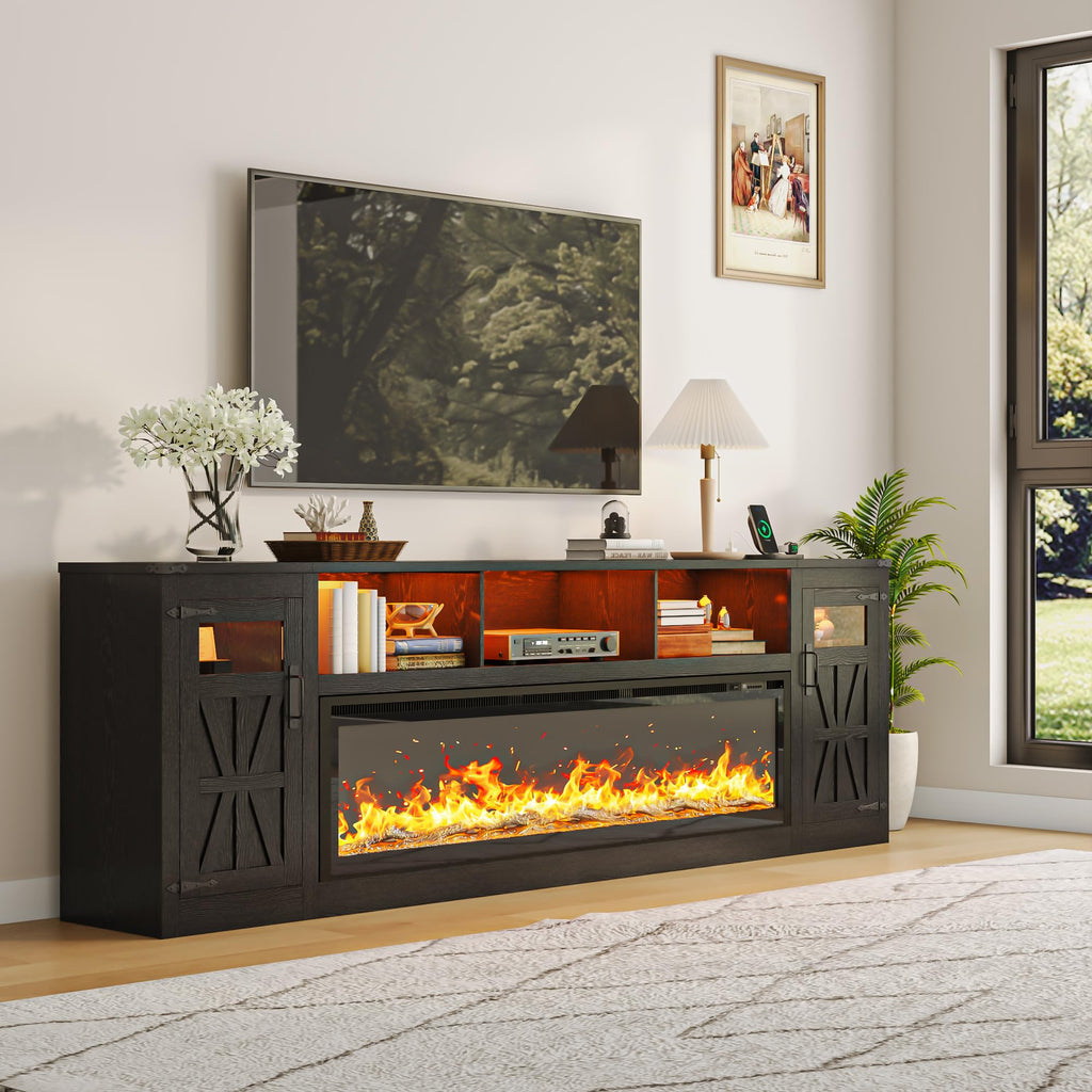 95" Fireplace TV Stand, Farmhouse Entertainment Center for 100" TV, Black