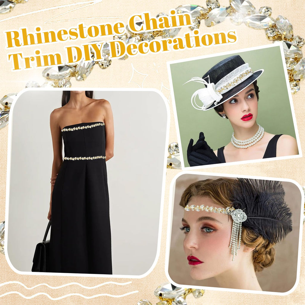 Rhinestone Trim Chain, 3 Yards, 0.59 Inch Wide, Gold