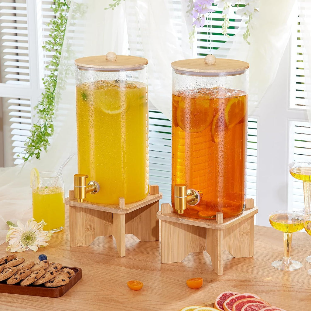 1.5 Gallon Drink Dispenser: 2P Glass Dispenser w/Bamboo Stand - Set of 2