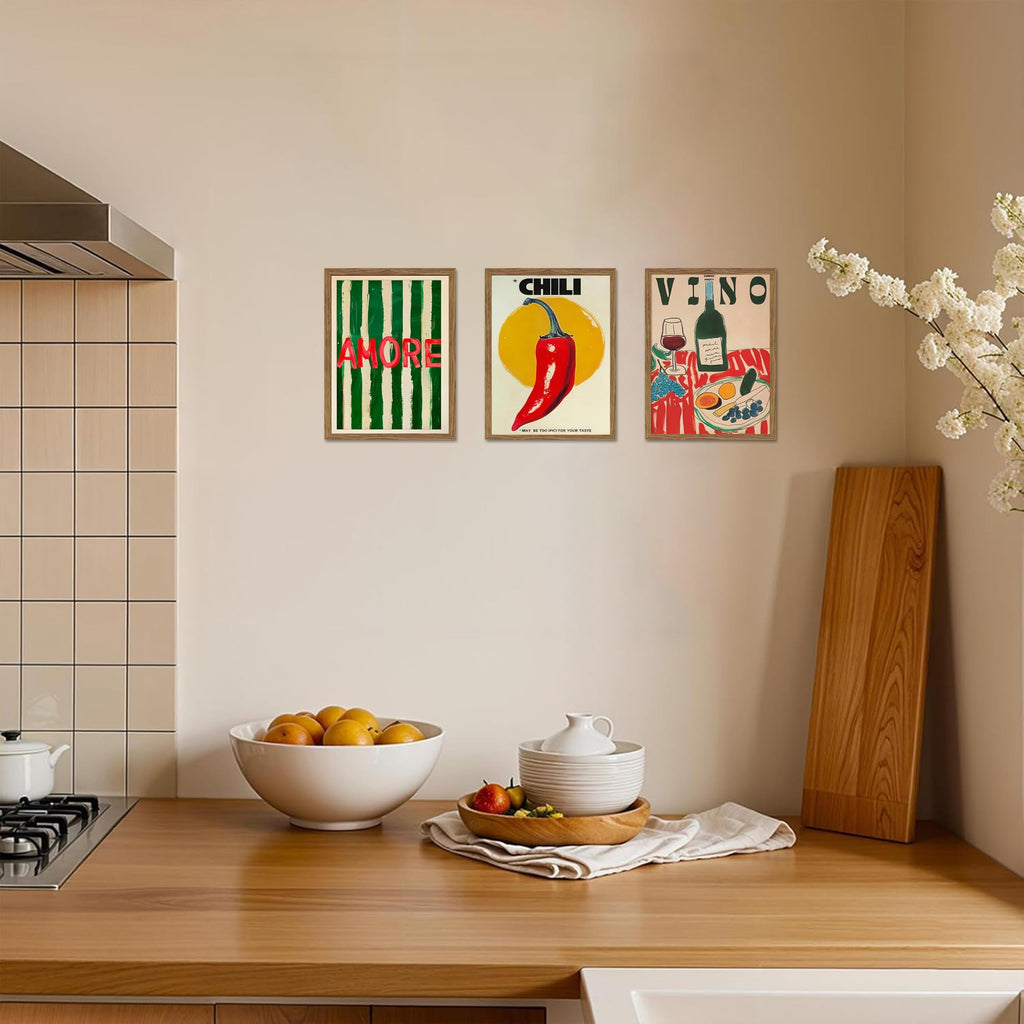 Framed Kitchen Wall Art Set of 3, Abstract Table Food Kitchen Wall Decor, Chilli Pictures Prints Artwork, Vintage