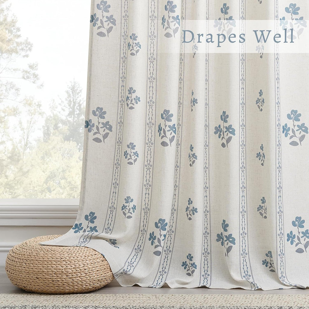 Blue Grey Pinch Pleated Floral Curtains 84 Inches Long for Living Dining Room Pinch Pleat Light Filtering Linen Semi
