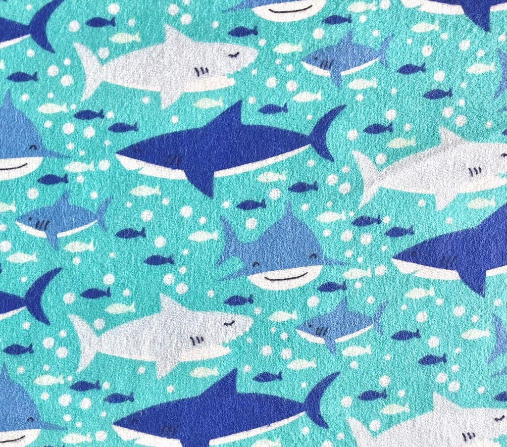Blue Swimming Sharks on Turquoise Comfy Cotton Flannel Fabric by the Yard