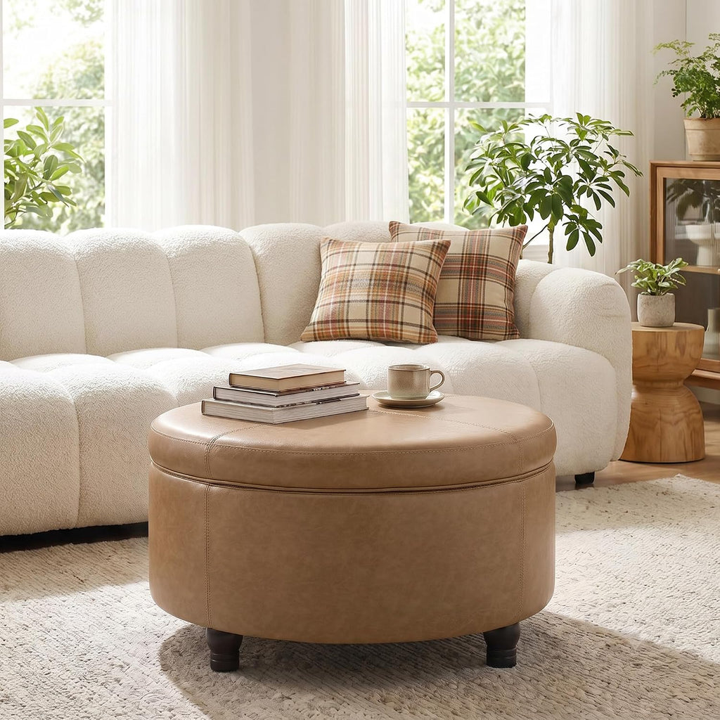 30-Inch Round Ottoman, Leather Ottoman with Storage (Light Brown | Modern Storage Ottoman with Removable Top