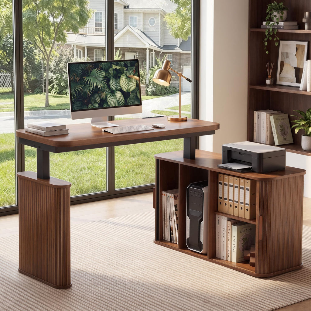 47" L Shaped Electric Wood Standing Desk with Storage