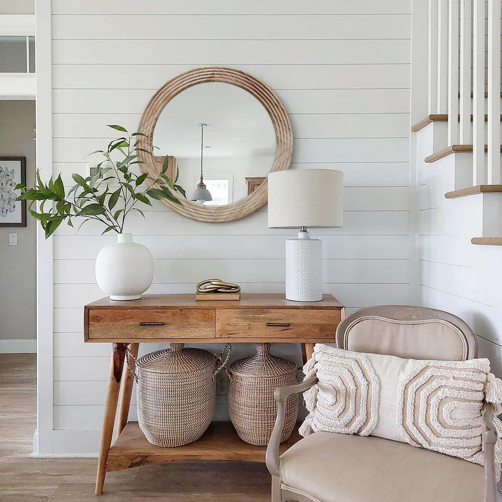 Round Mirror, Farmhouse Decor Solid Wood Frame Wall Circle Mirror, Decorative Mirrors Over Sink, Living Room