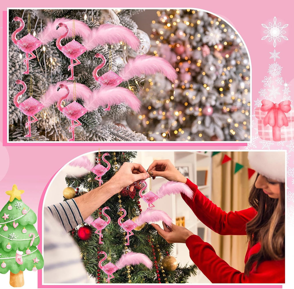 Pink Flamingo Christmas Ornament Hanging Flamingo Pink Xmas Ornaments Gifts Decor - Set of 6