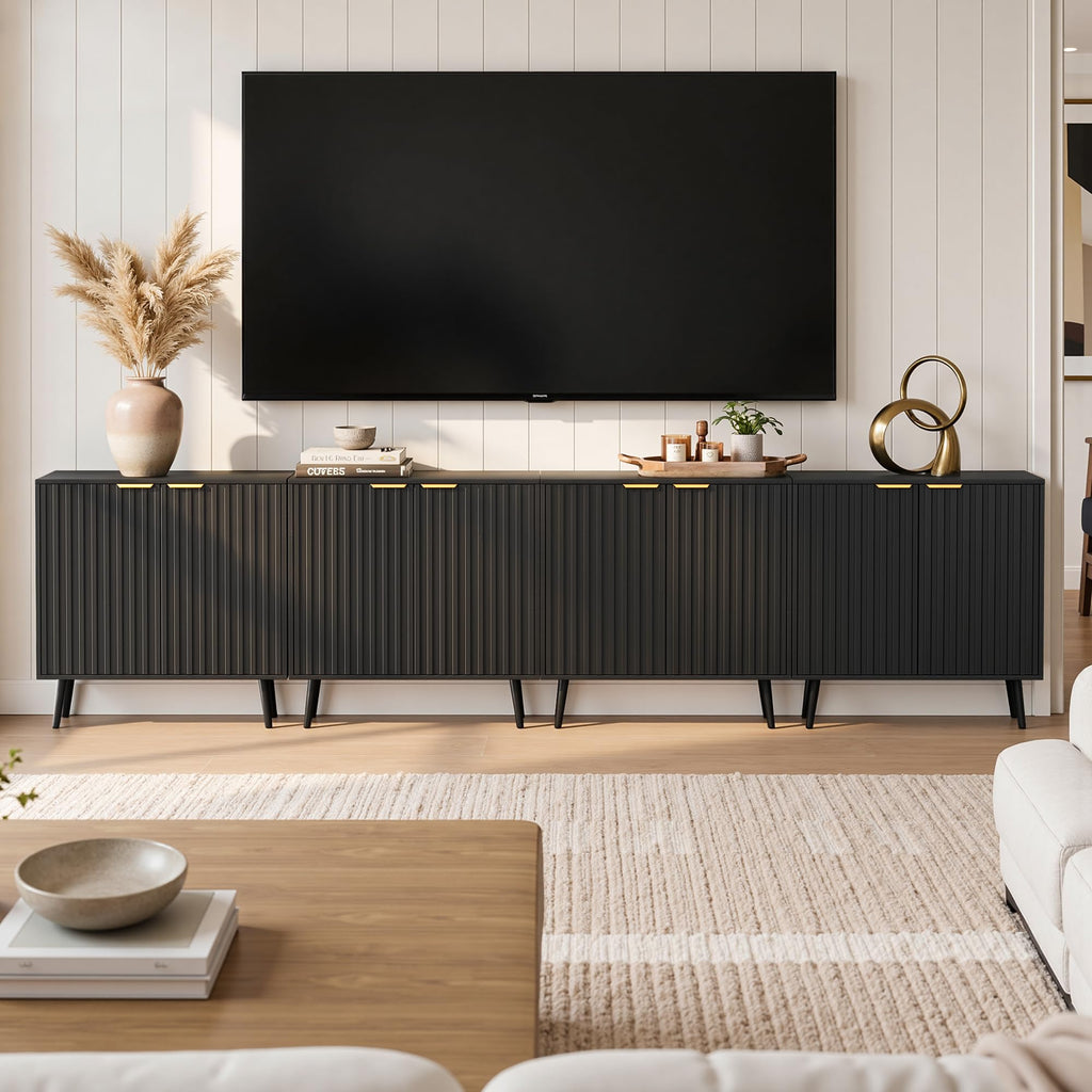 Fluted Storage Cabinet, Black Sideboard and Buffet Storage with Adjustable Shelf, Wood Accent Cabinet (4, Black+Gold)