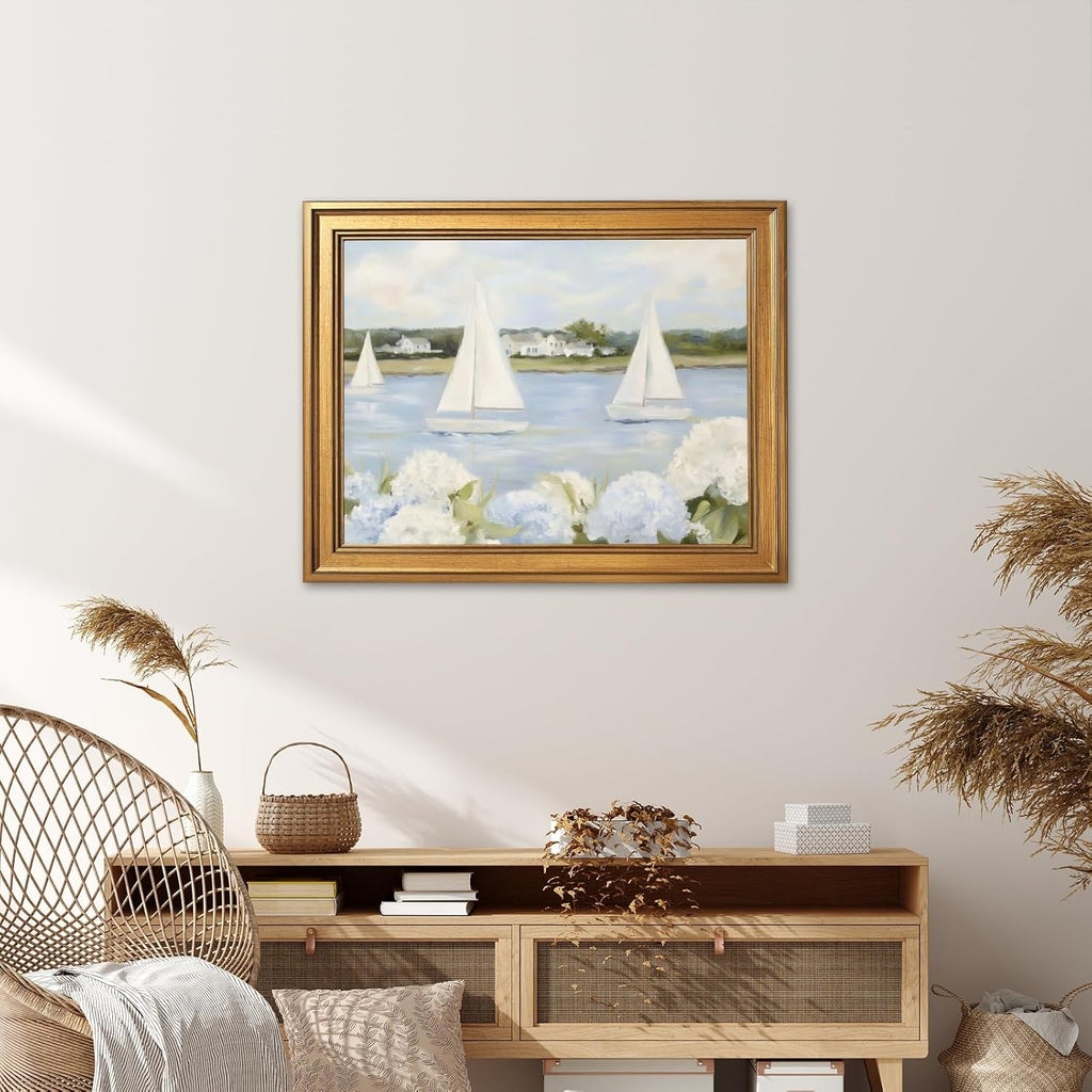 Grandmillennial Preppy Coastal Wall Art Nautical Sailboat Blue White Floral Canvas Print Vintage Seaside Beachy