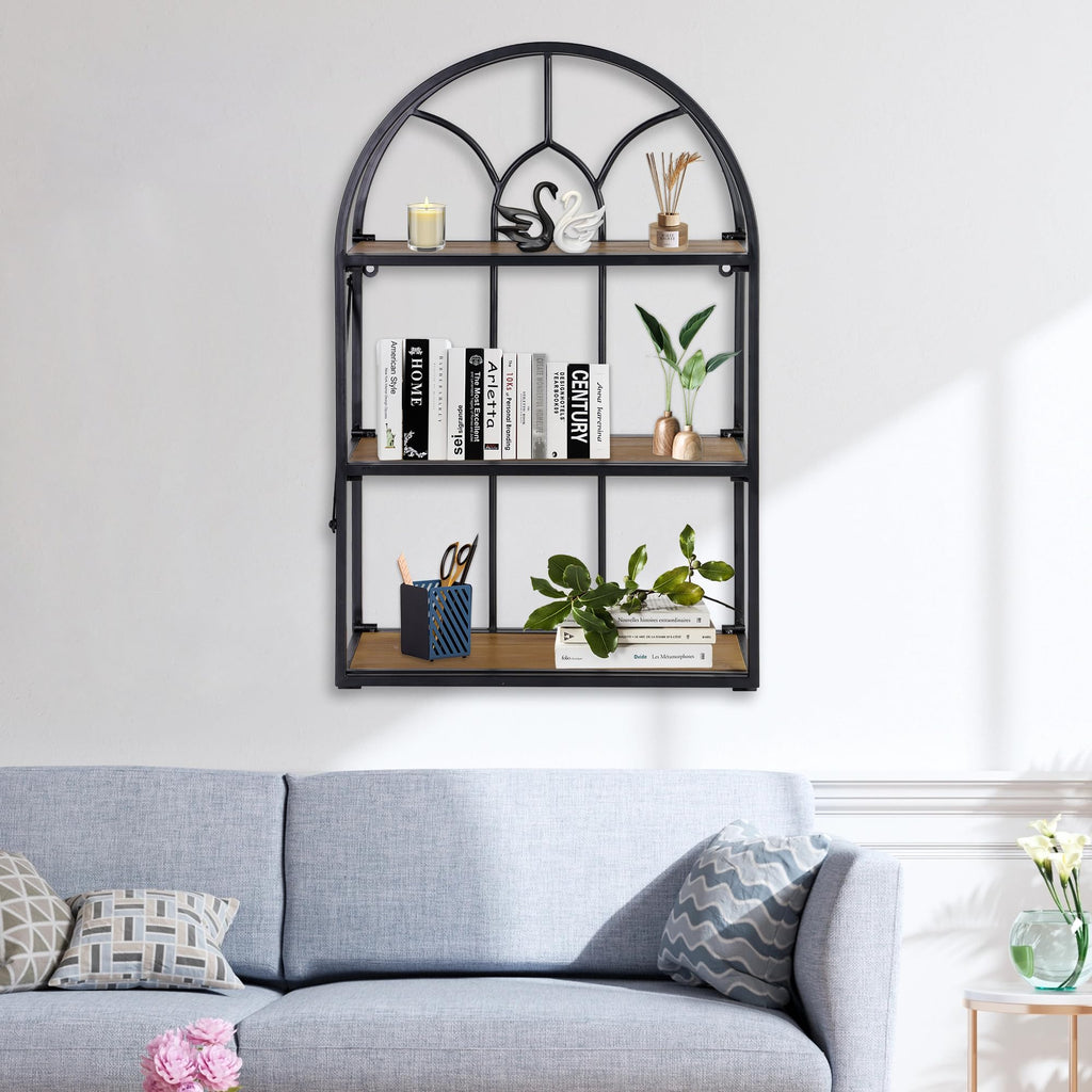 Arched Foldable Metal & Wood Wall Shelf - 3 Tier Freestanding Floating Ledge Shelves Window Design Storage Rack Décor