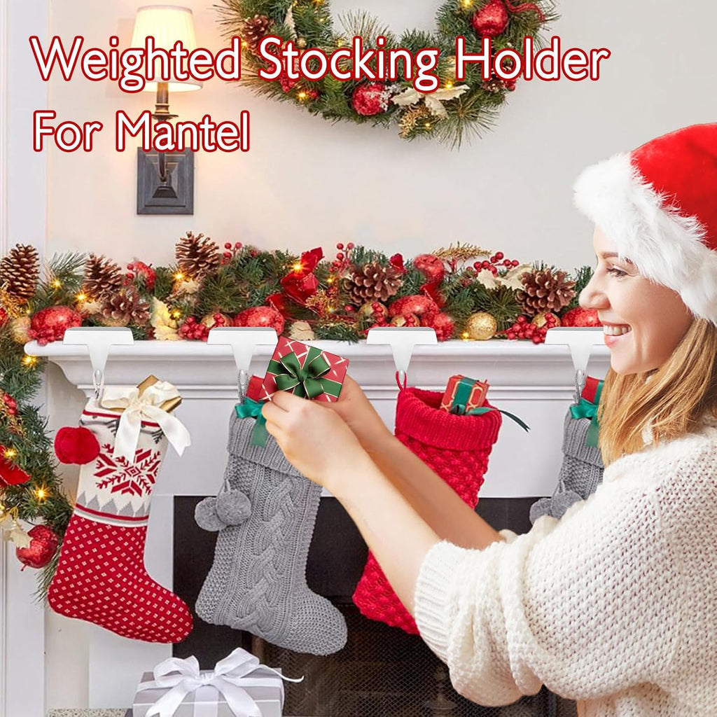 4-Pack Christmas Stocking Holders for Mantel, Weighted Metal Hooks, White