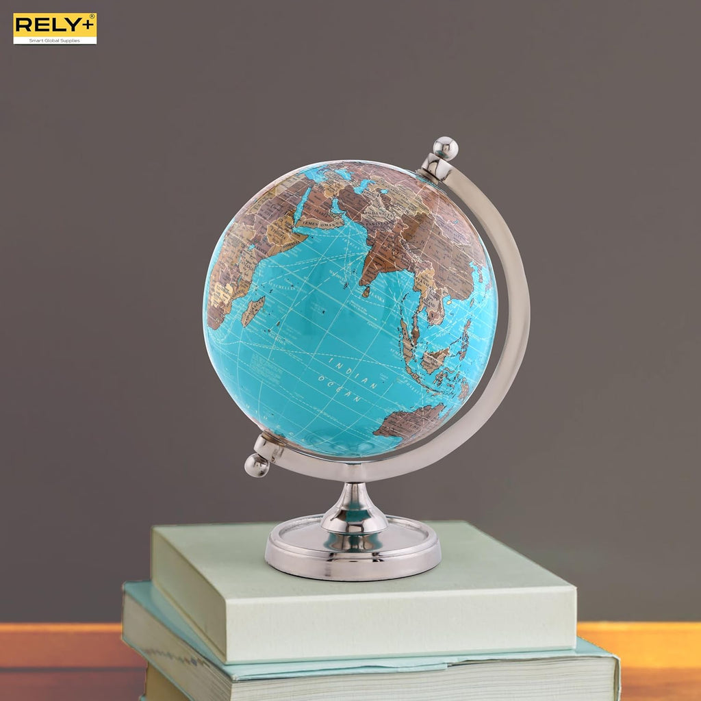 Earth Light Blue Rotating Globe of The World with Silver Stand (NOT PLASTIC!) for Bookcase Shelf Decorative Home Desk