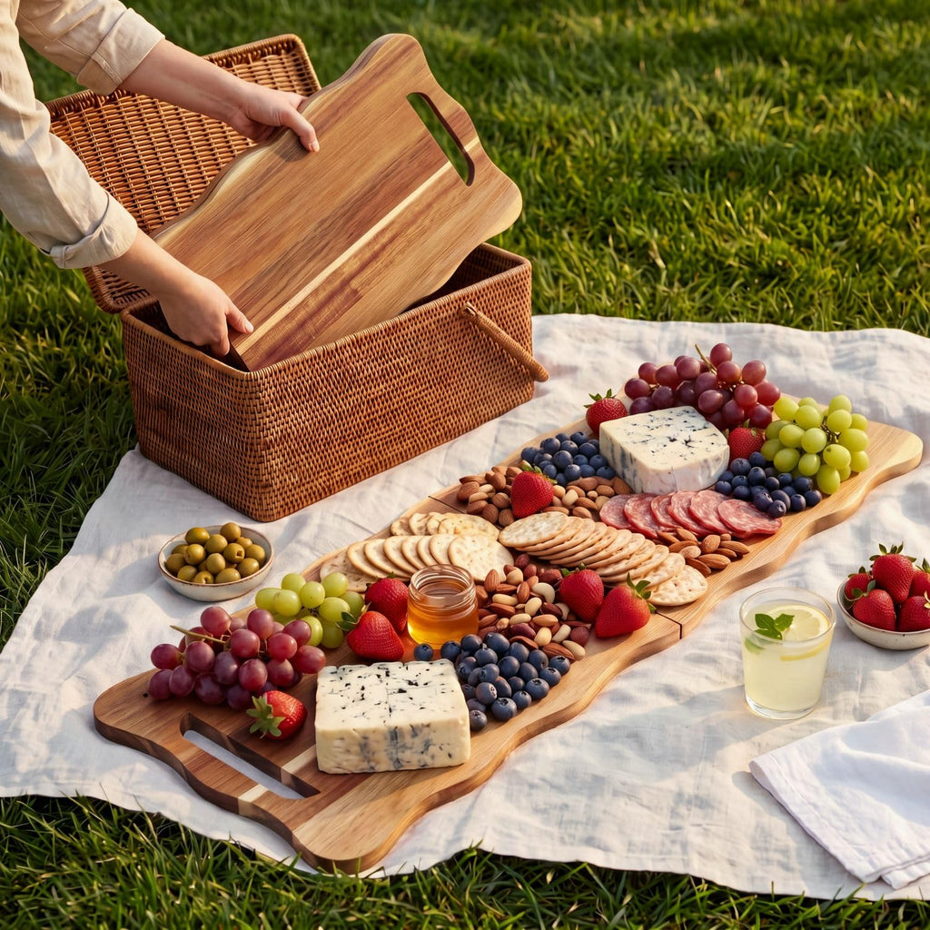 Scolloped Large Charcuterie Board 33 x 12 In Foldable Acacia Tray