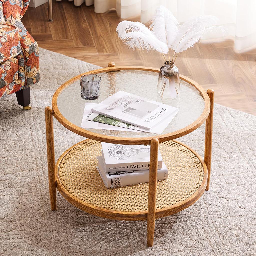 25.6" Round Glass Coffee Table, Rattan Coffee Table, Natural Vibe