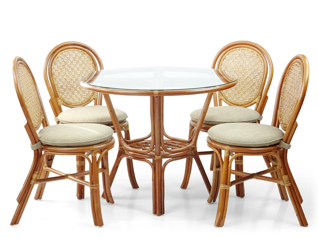 Denver Rattan Wicker Round Dining Table with Glass Top, Colonial Color