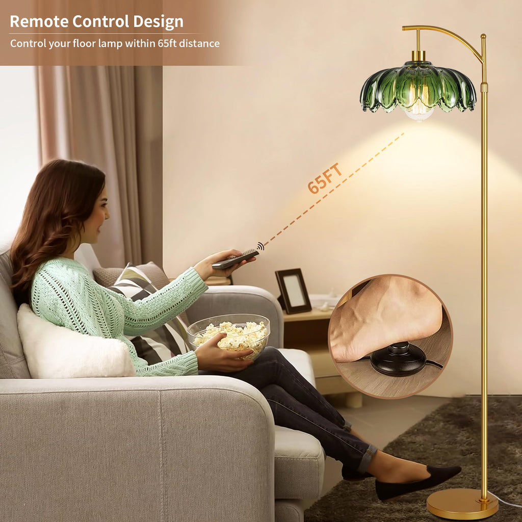 Gold Floor Lamps, Glass Floor Lamp with Remote Control & Green Lampshade, Arc Flower Lamp Dimmable Mid Century Modern