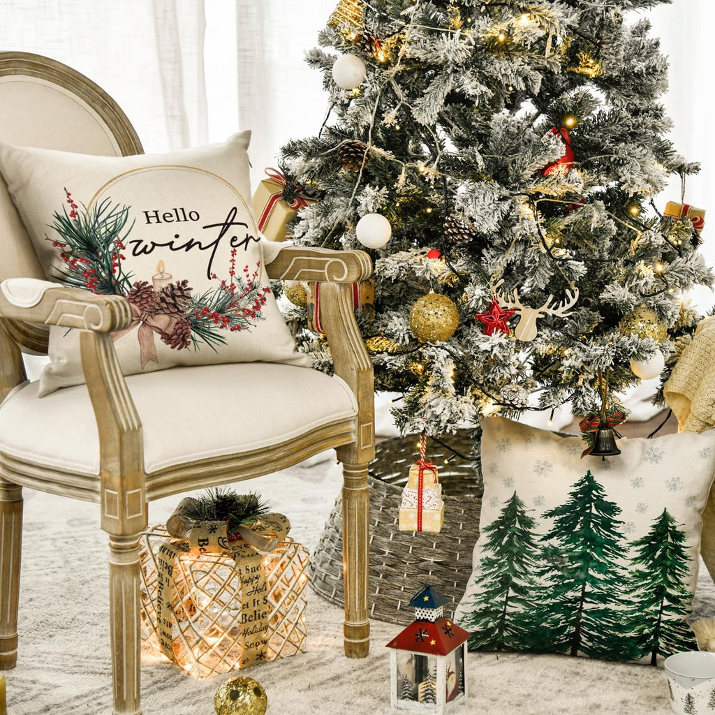 Merry Christmas Trees Reindeer Snowflake Throw Pillow Covers, 18 x 18 Inch Xmas Red Berries Hello Winter Holiday - Set of 4
