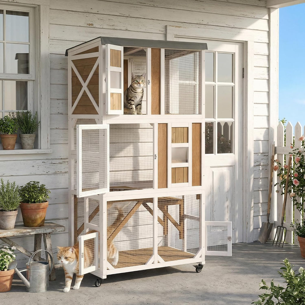 63.5" H Outdoor Cat Enclosure, Wooden Window Catio with Wheels