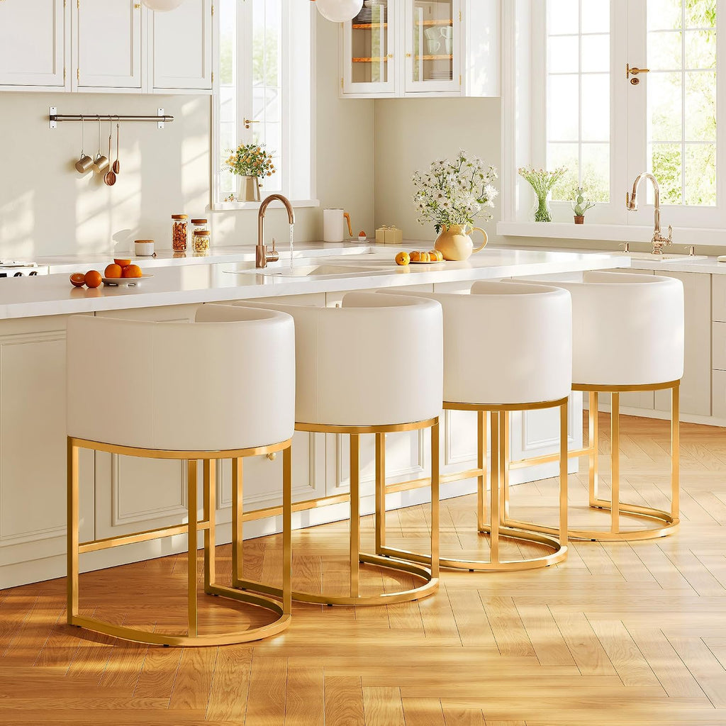 Modern Counter Height Bar Stools,Bar Stools Set of 4,PU Leather Upholstered Barrel Barstools with Backs,26''