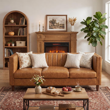 81" PU Leather Sofa, 3-Seater Couch, Cognac Tan