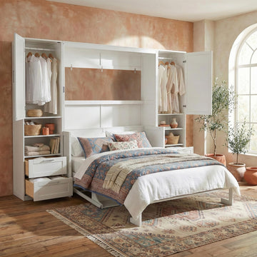 Queen Size Murphy Bed with Desk, Multifunctional Foldable Wall Bed with Closet, Drawers and Shelves, Space-Saving