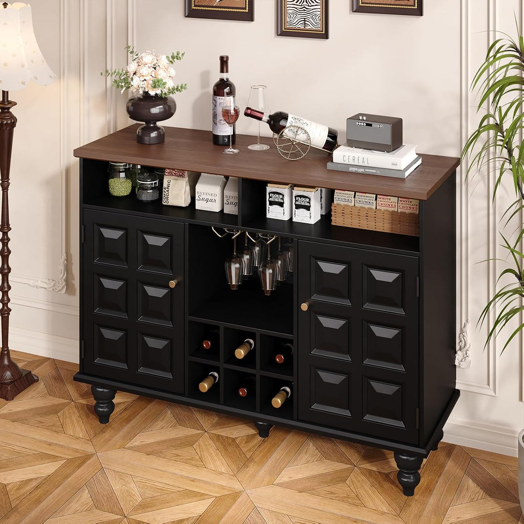 45" Coffee Bar Cabinet with Wine Rack and Glass Holder, Mid Century Modern Farmhouse Coffee & Liquor Bar Cabinet with