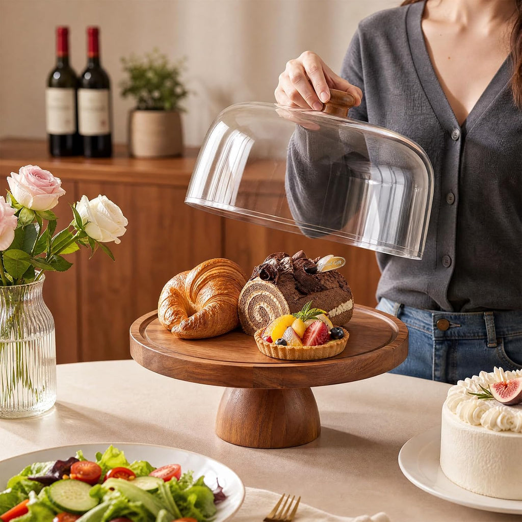 Acacia Wood Cake Stand with Lid, 12in Shockproof Acrylic Dome Display Stand