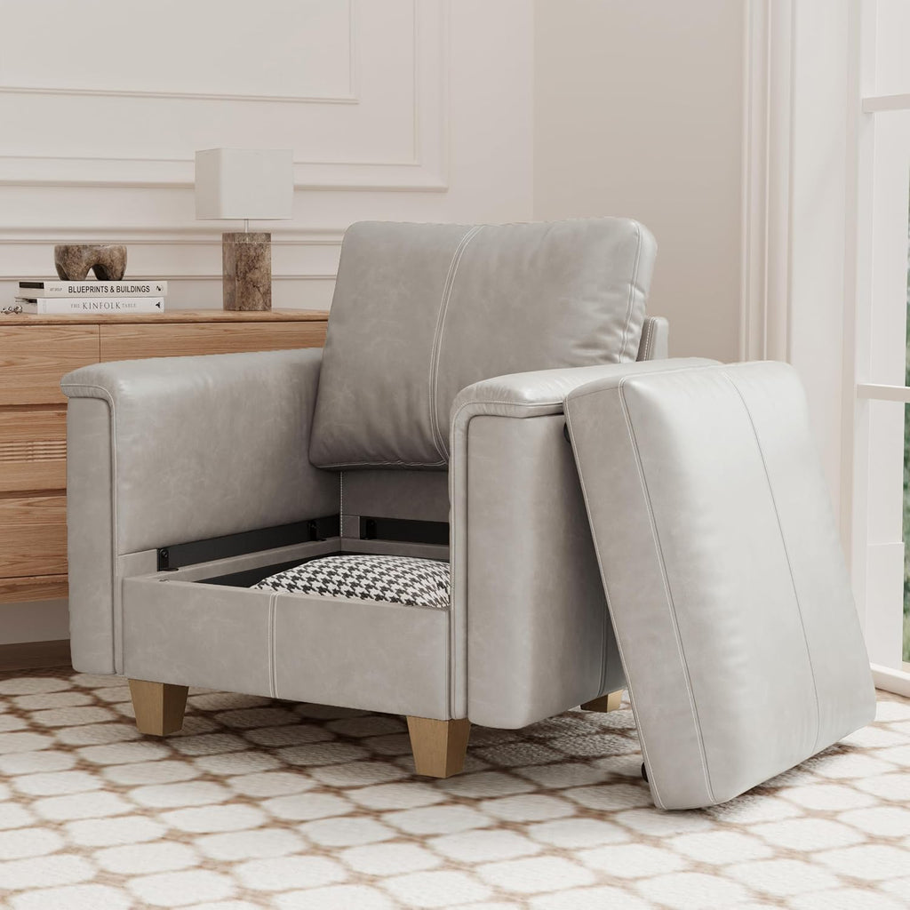 Modular Leather Accent Chair with Storage, Plush-Top Armrest, Greige