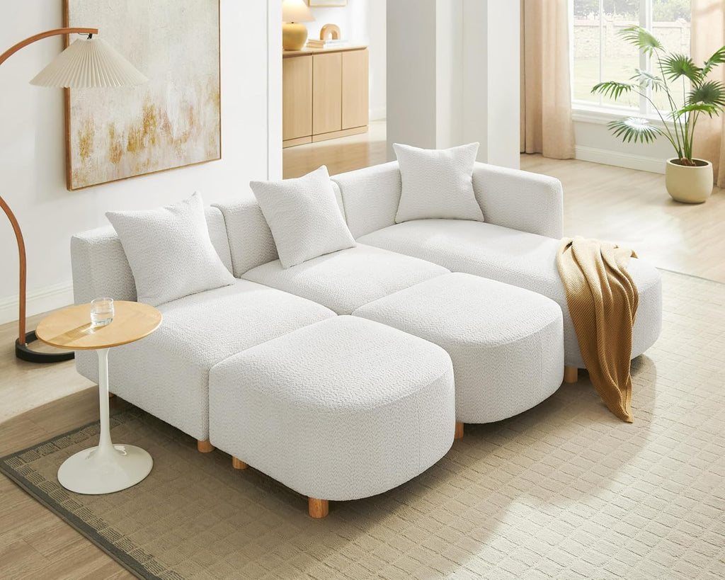 VANOMi 109.84" Modular Sectional Sofa with 3 Pillows, Convertible 5-Seater Comfy Boucle Cloud Couch with Ottoman
