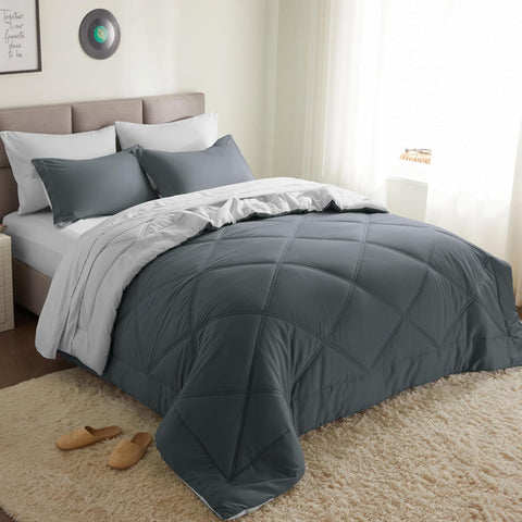 Joiedomi Queen Comforter Set with Sheets Dark Grey, 7 Pieces Queen Bed Set with 1 Down Alternative Comforter