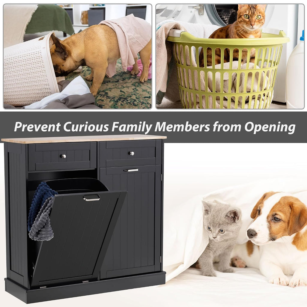 Dual Door Tilt Out Trash Can Cabinet, Pet Proof Recycling Cabinet