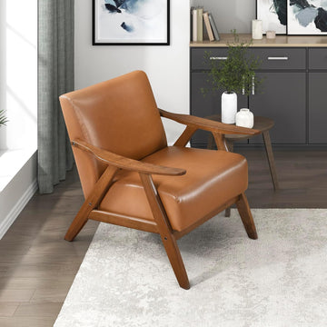 Faux Leather Accent Chair with Walnut Wood Frame, Brown