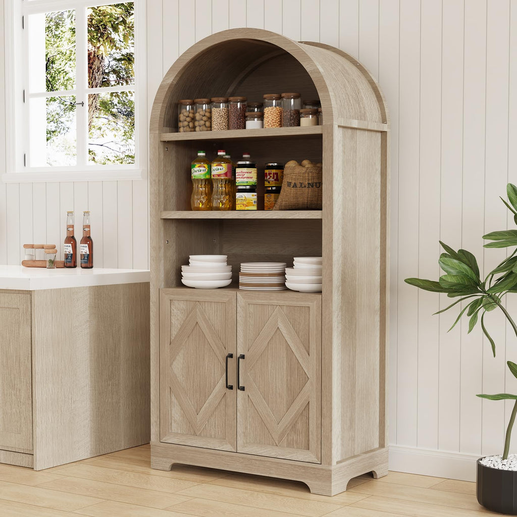 71" Tall Arched Bookcase with Storage, 5 Tier Mid-Century Modern Arched Cabinet with Doors, Farmhouse Wood Kitchen